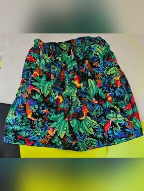 VTG TOUCAN DANCE By Fast Lane 90s Women's Tropical Print Shorts Elastic Sz MED
